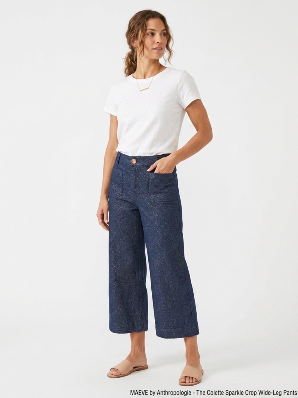 MAEVE by Anthropologie The Colette Sparkle Crop Wide-Leg Pants 31P Blue Shimmer